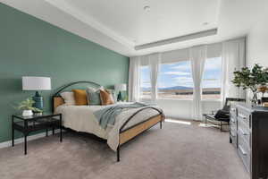 Bedroom with light carpet, baseboards, and a tray ceiling