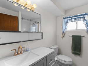 Bathroom with toilet, a shower, and vanity