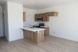 Kitchen with a sink, appliances with stainless steel finishes, a peninsula, and light wood finished floors