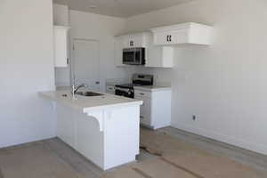 Kitchen with white cabinets, a peninsula, a kitchen bar, stainless steel appliances, and a sink