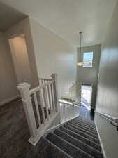 Stairs featuring baseboards, a high ceiling, and carpet flooring