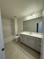 Bathroom featuring toilet, vanity, shower / washtub combination, tile patterned flooring, and visible vents