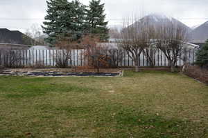 Fenced backyard area with garden space, fruit trees, and berry bushes.