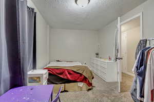 Carpeted bedroom with a textured ceiling