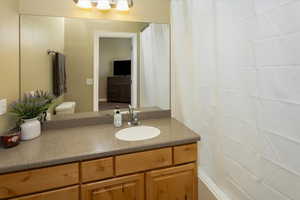 Master Bathroom with toilet, vanity, and a shower with shower curtain