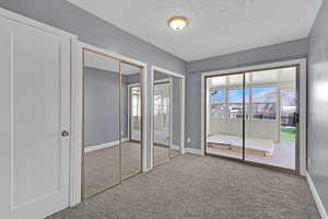 Unfurnished bedroom with a textured ceiling, baseboards, carpet, and multiple closets