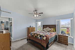 Bedroom featuring light carpet, baseboards, visible vents, and multiple windows