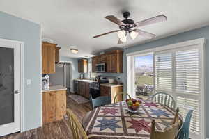 Dining area featuring a ceiling fan and dark wood-style floors