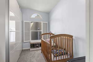 Bedroom featuring carpet, lofted ceiling, baseboards, and a crib