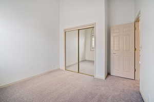 Primary bedroom with carpet, a closet, a towering ceiling, and baseboards