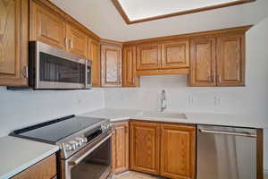 Kitchen featuring stainless steel appliances, a sink, and brown cabinets