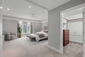 Carpeted bedroom featuring baseboards, ornamental molding, and recessed lighting