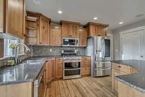 Kitchen with custom backsplash, open shelves, stainless steel appliances, light wood finished floors, and beautiful cabinets.