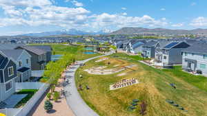 Birds eye view of property with a mountain view and a residential view