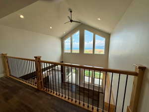 Bonus room with lofted ceiling, dark wood-style flooring, ceiling fan, and recessed lighting