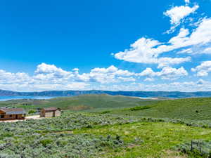 View of mountain backdrop featuring a large body of water