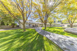 Ranch-style house with a chimney, a patio, and french doors