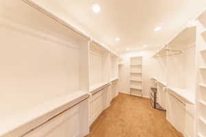Walk in closet with light colored carpet