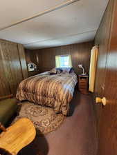 Carpeted bedroom featuring wood walls