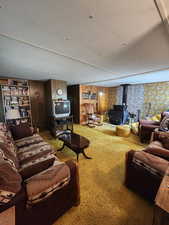 Carpeted living area featuring a textured ceiling and a wood stove