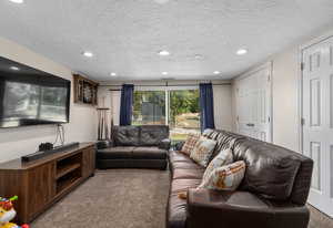 Carpeted living area with recessed lighting and a textured ceiling