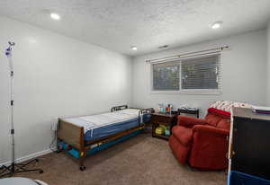 Bedroom featuring a textured ceiling, carpet flooring, baseboards, and recessed lighting