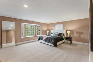 Bedroom with baseboards, visible vents, recessed lighting, and light carpet