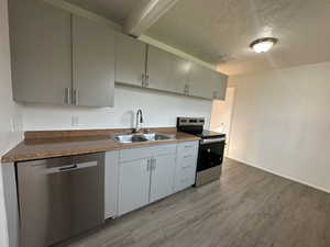 Kitchen featuring appliances with stainless steel finishes, wood finished floors, a sink, and dark countertops
