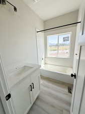 Bathroom featuring  shower combination, vanity, and light wood-style flooring