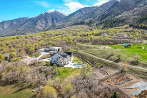 Birds eye view of property featuring a forest view and a mountain view