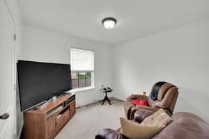 Living room with light carpet, visible vents, and baseboards