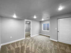 Finished basement with carpet, baseboards, and a textured ceiling