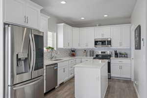 Kitchen with stainless steel appliances, dark wood-style floors, white cabinetry, and a sink