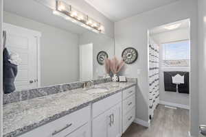 Bathroom featuring vanity, baseboards, visible vents, and wood finished floors