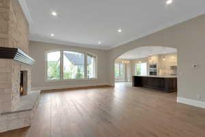 Unfurnished living room with crown molding, a healthy amount of sunlight, light wood finished floors, and baseboards