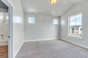 Carpeted spare room with visible vents, baseboards, and vaulted ceiling