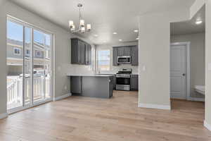 Kitchen featuring stainless steel appliances, a peninsula, light wood-style floors, and an inviting chandelier