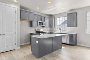 Kitchen featuring recessed lighting, a center island, light wood-style floors, appliances with stainless steel finishes, and a sink