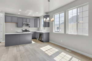 Kitchen with visible vents, a chandelier, appliances with stainless steel finishes, a sink, and gray cabinetry