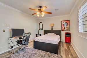 Bedroom featuring baseboards, ornamental molding, ceiling fan, light wood-type flooring, and heating unit