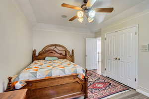 Bedroom featuring light wood-type flooring, a closet, and ceiling fan