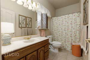 Full bathroom with toilet, vanity, tile patterned flooring, and a shower with curtain