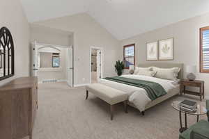 Huge master bedroom with vaulted ceilings.  virtually staged