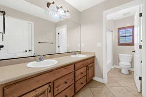 Full bath with double vanity and separate bath/toilet room