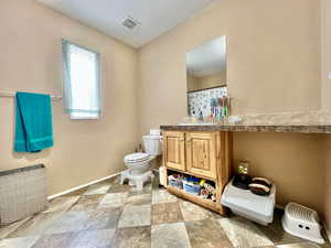 Full bath with vanity, baseboards, toilet, visible vents, and stone finish flooring