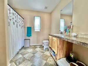 Full bathroom featuring toilet, vanity, baseboards, and visible vents