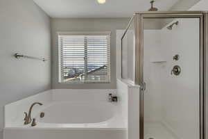 Bathroom featuring a bath and a shower stall