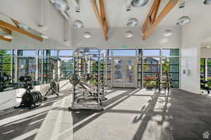 Exercise room featuring french doors, carpet, a high ceiling, and baseboards