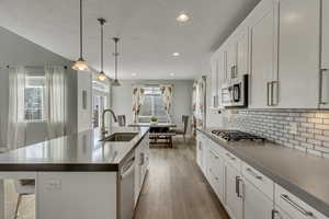 Kitchen featuring a sink, dark countertops, light wood-type flooring, appliances with stainless steel finishes, and decorative backsplash