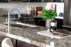 Interior details featuring tasteful backsplash, stone counters, and a sink